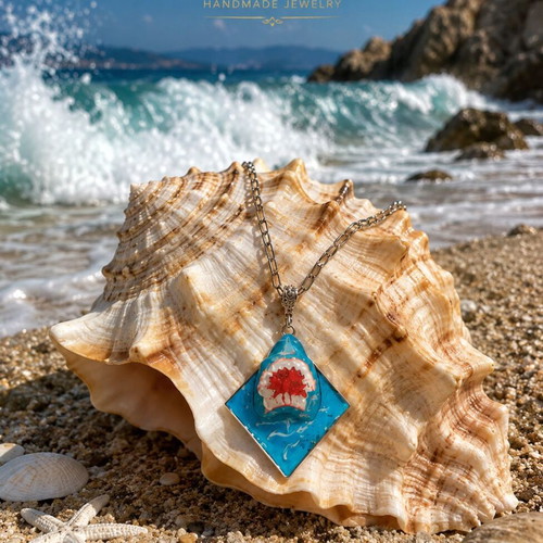 Unisex necklace 'The Shark's Jaws' handmade polymer clay and glass pendant