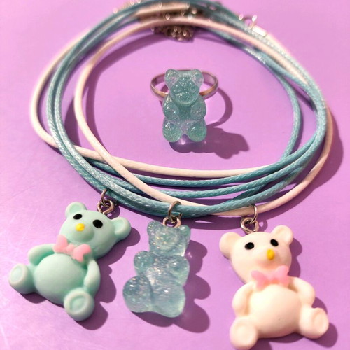 Children's necklace set with bears and gift stainless steel ring new