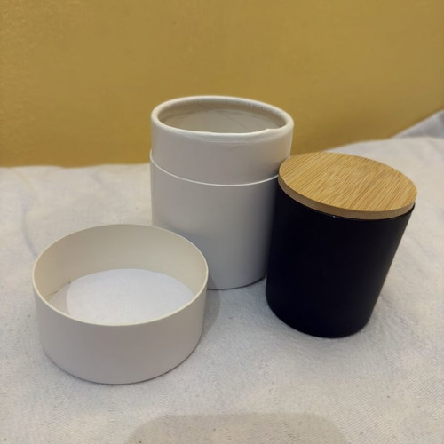 Aromatic candle in black jar with wooden lid and box new