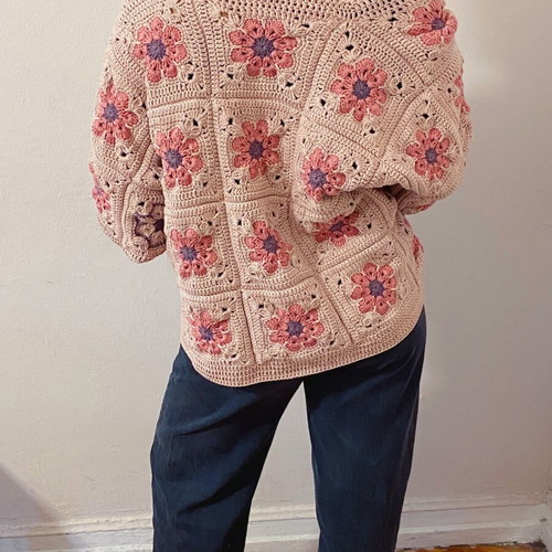 Knitted cardigan handmade new, grannysquare pink and purple