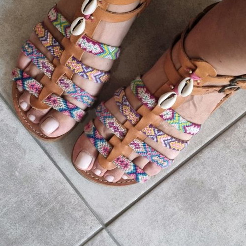 Boho leather sandals size 41 used with macrame and shells