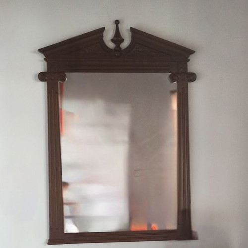 Handmade woodcarved mirror with ornate dark walnut frame, like new
