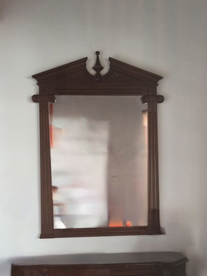 Handmade woodcarved mirror with ornate dark walnut frame, like new