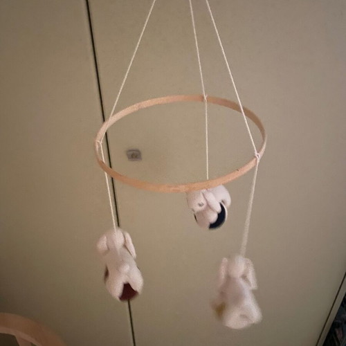 Konges Sløjd crib mobile like new with wooden base and fabric toys