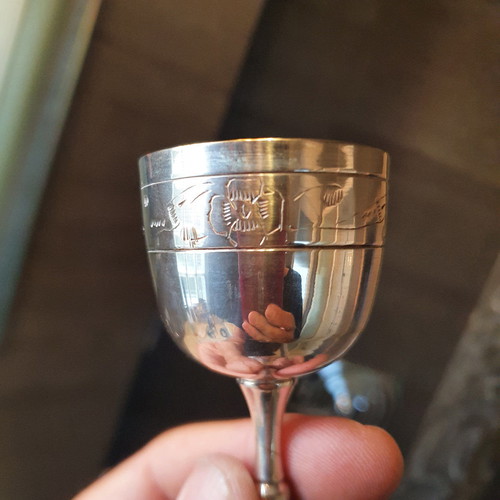 Silver-plated liqueur glasses used, set of 6, 1970s with nice pattern