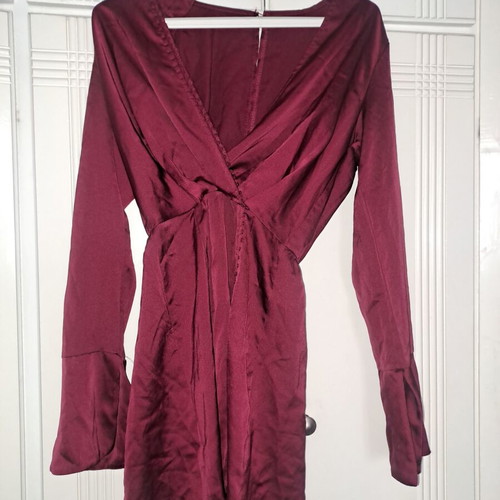 Satin dress burgundy with long bell sleeves, like new