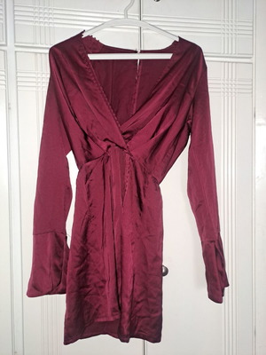 Satin dress burgundy with long bell sleeves, like new