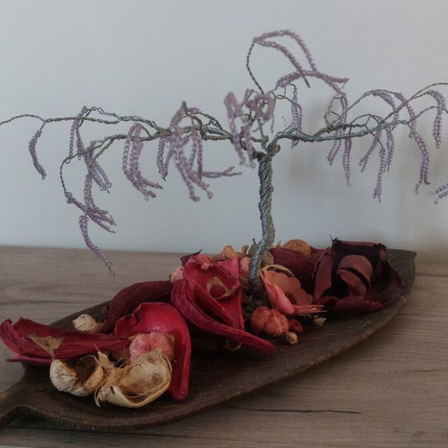 Decorative tree with wire and purple beads on wooden leaf new