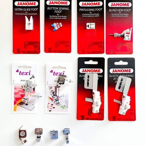 Janome and Texi sewing machine foot set like new, authentic + accessories