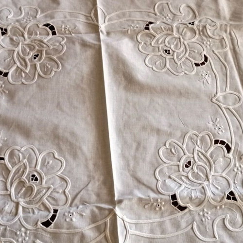 White embroidered tablecloth with cutwork and floral design vintage