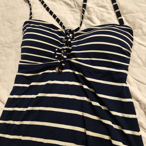 Women's swimsuit navy blue with white stripes, size M
