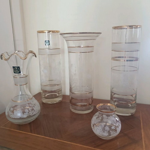 Vintage crystal vases collection with carved design and gold detail, like new, 5 pieces