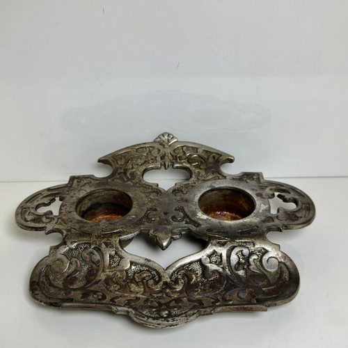 Antique double iron desk inkwell with baroque decoration