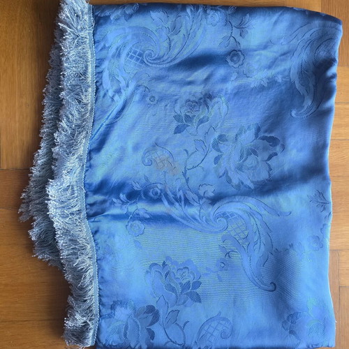 Vintage blue satin bedspread with fringes, used