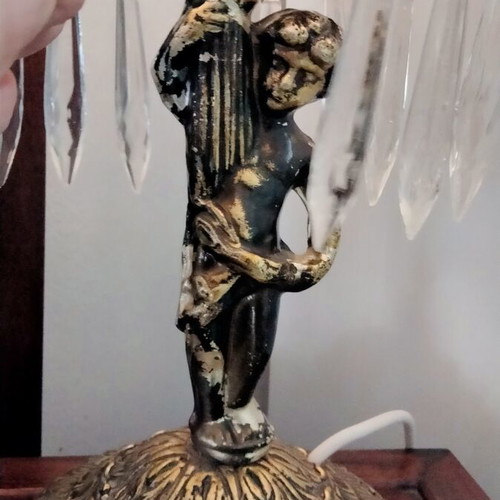 Vintage brass table lamp with cherub and hanging crystals
