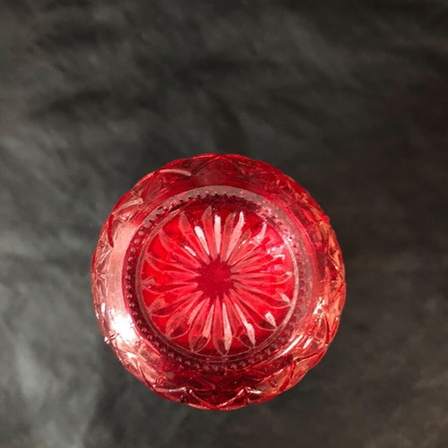 Ruby Red Cut Glass Decanter with Diamond Quilted Pattern and Airtight Stopper
