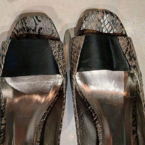 Anne Klein peep toe suede pumps with snake print and satin details
