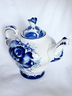 Gzhel porcelain handmade teapot coffee pot used 1990s