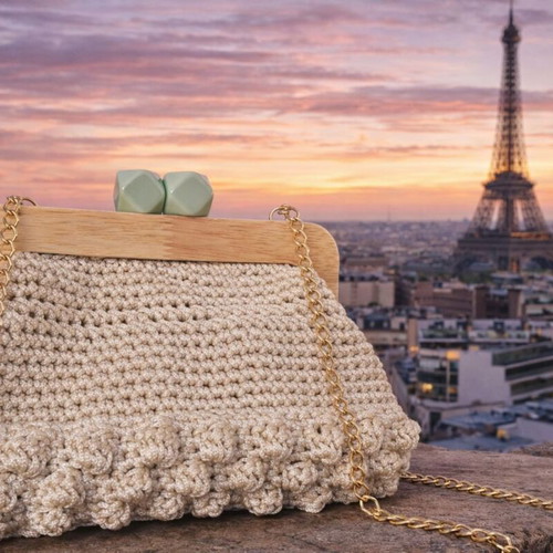 Handmade crossbody bag in champagne with wooden clasp and gold chain new