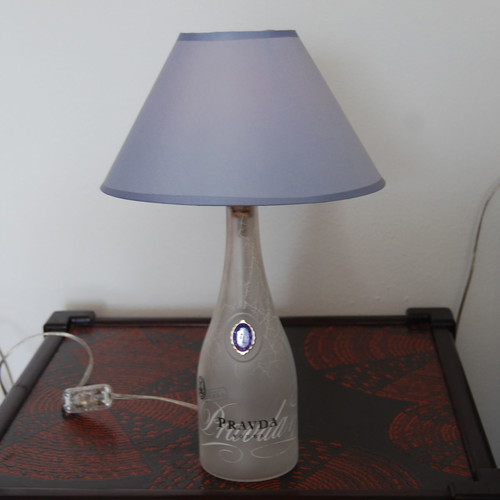 Handmade table lamp from Pravda Vodka bottle new with ciel shade