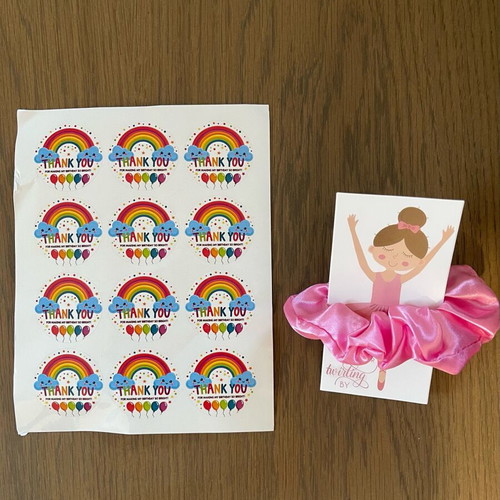 Party stickers and gifts new, 24 stickers, 10 scrunchies, 10 ballerina figures