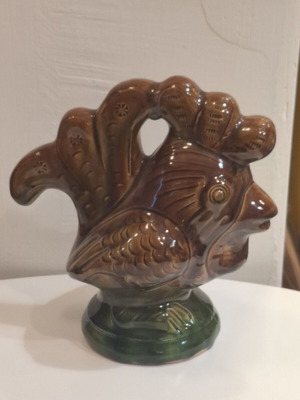 Pottery Rooster Sculpture vintage USSR folk art used, brown and green