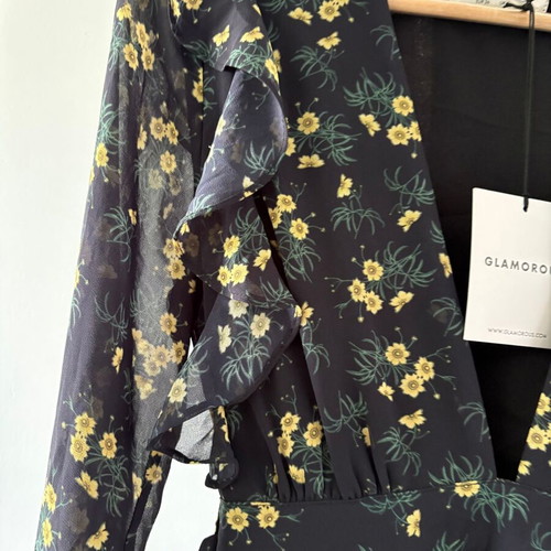 Glamorous Floral Mini Dress, Black Yellow Bouquet, Size Small