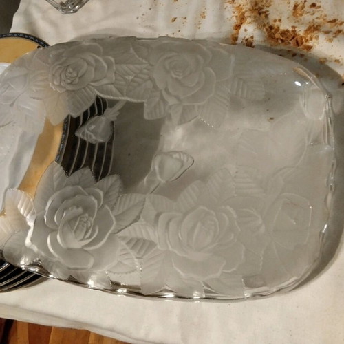 Crystal serving tray with handmade roses vintage