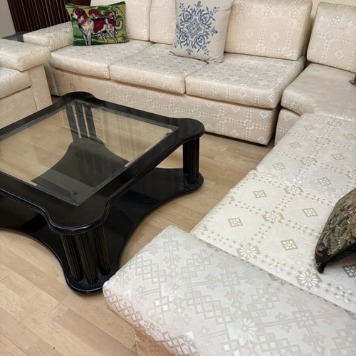 Sectional living room set used, three pieces with central and side tables