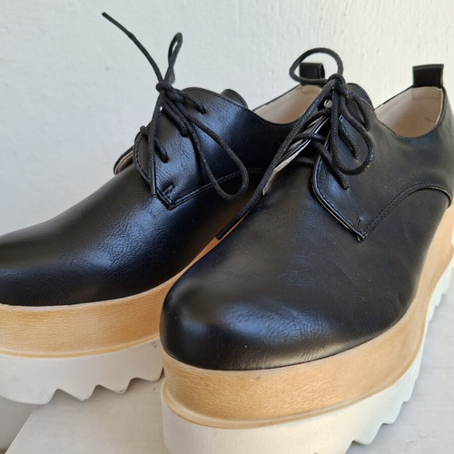 Lace-Up Platform Shoes New Black With Beige White Sole