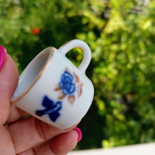 Vintage porcelain miniature set cup and saucer I Love You with gold trim like new