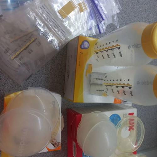 Breast milk collection accessories used, bottles, shells, covers, bags