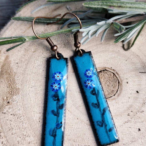 Handmade blue enameled earrings with Murano millefiori glass