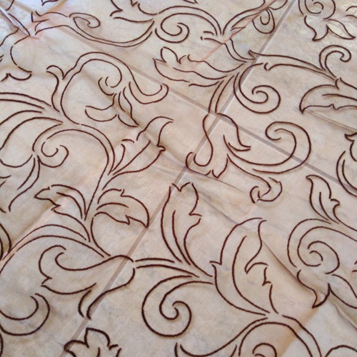 Tablecloth set of five pieces iridescent dark brown, silk organza with embossed flowers and border