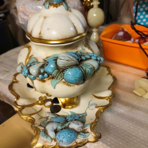 Renaissance vintage set with tray and lidded vase with gold details like new