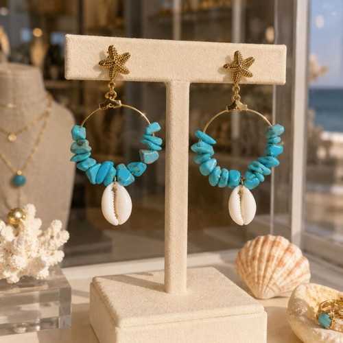 Handmade earrings with turquoise stone, metal starfish and natural white shell