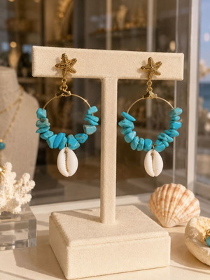 Handmade earrings with turquoise stone, metal starfish and natural white shell