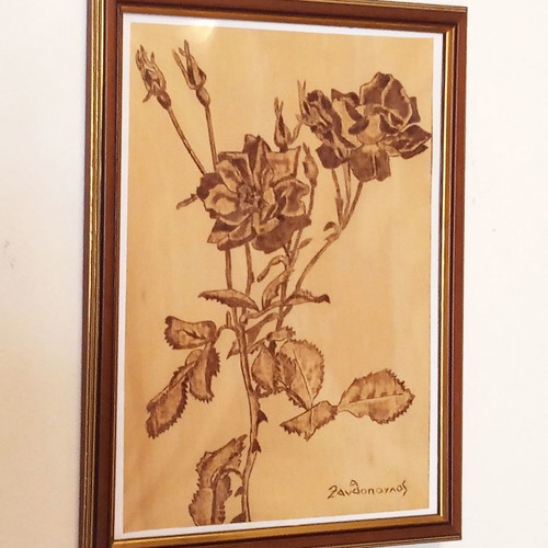 Pyrography Painting Flowers Signed Work by Triantafyllos Xanthopoulos