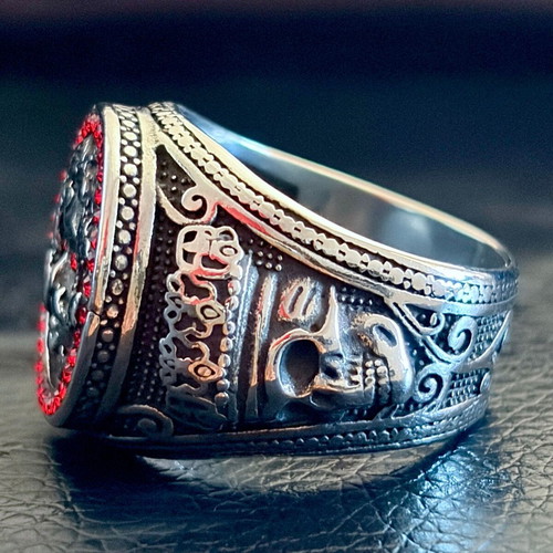 Medusa Gorgon ring, 316L stainless steel with red cubic zirconia