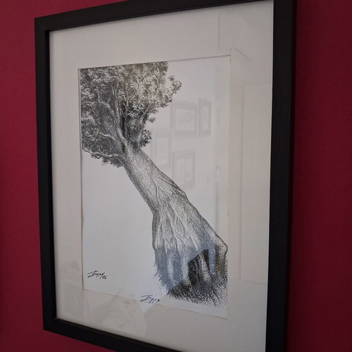 Boyan Donev Storm Drawing like new, framed on black wood and glass