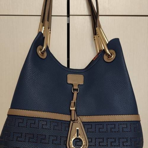 Large women's hobo bag, dark blue with brown details, perforated Greek meander
