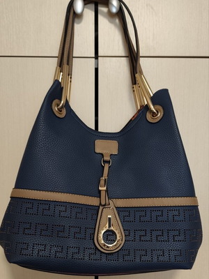 Large women's hobo bag, dark blue with brown details, perforated Greek meander
