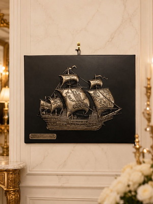Vintage ισπανικό διακοσμητικό τοίχου Galeón 1640 ανάγλυφο σε δέρμα μεταχειρισμένο