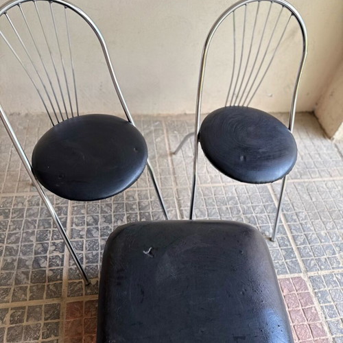 Set of 2 Metal Chairs and Leatherette Ottoman used
