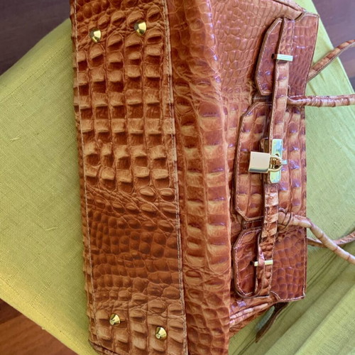 Leather shoulder bag, crocodile pattern, brown, spacious