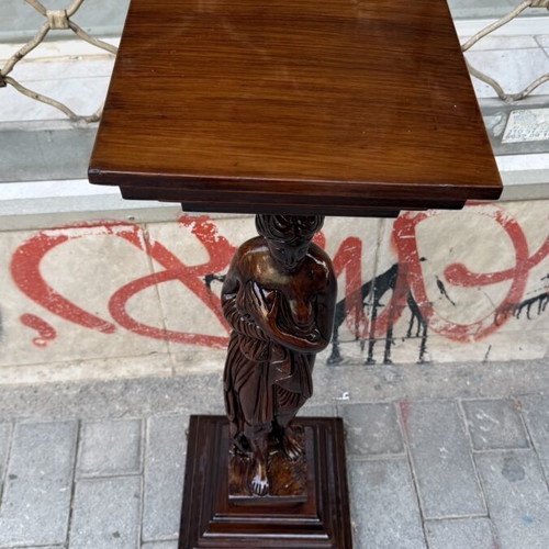 Wood-carved column with caryatid, 25x25 cm, height 77 cm
