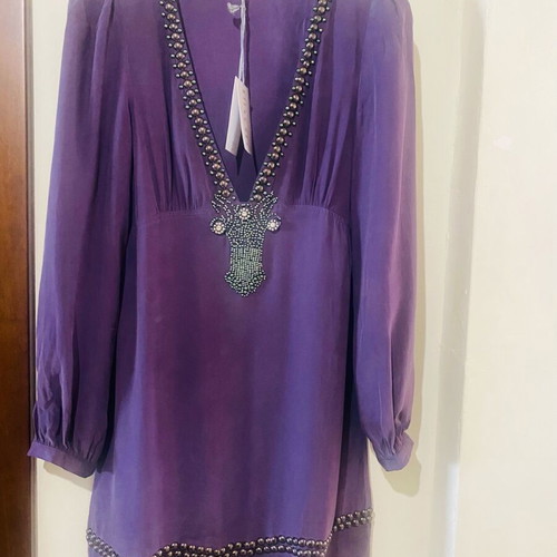 Lynn Adler silk dress new, size S, purple with bead embroidery