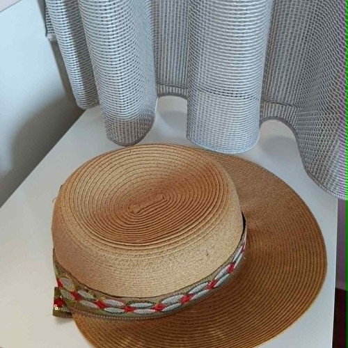 Straw hat with ribbon used, size L, brown