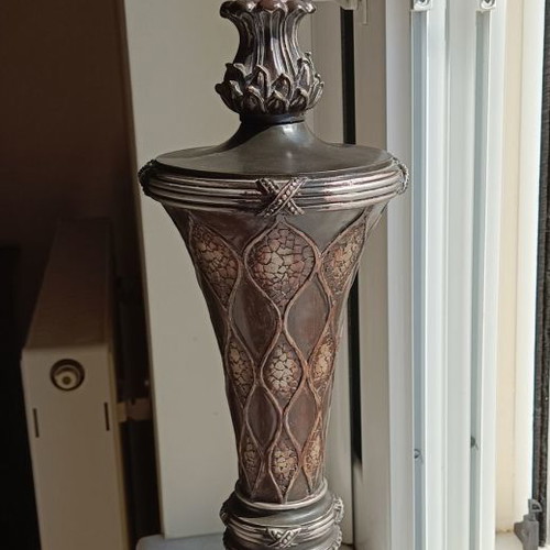 Table lamp with silk shade and carved base