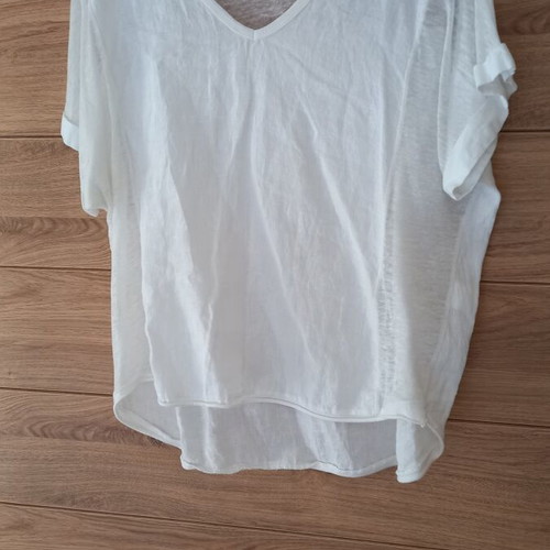 Linen blouse new, white, with subtle side and back transparencies, size XL